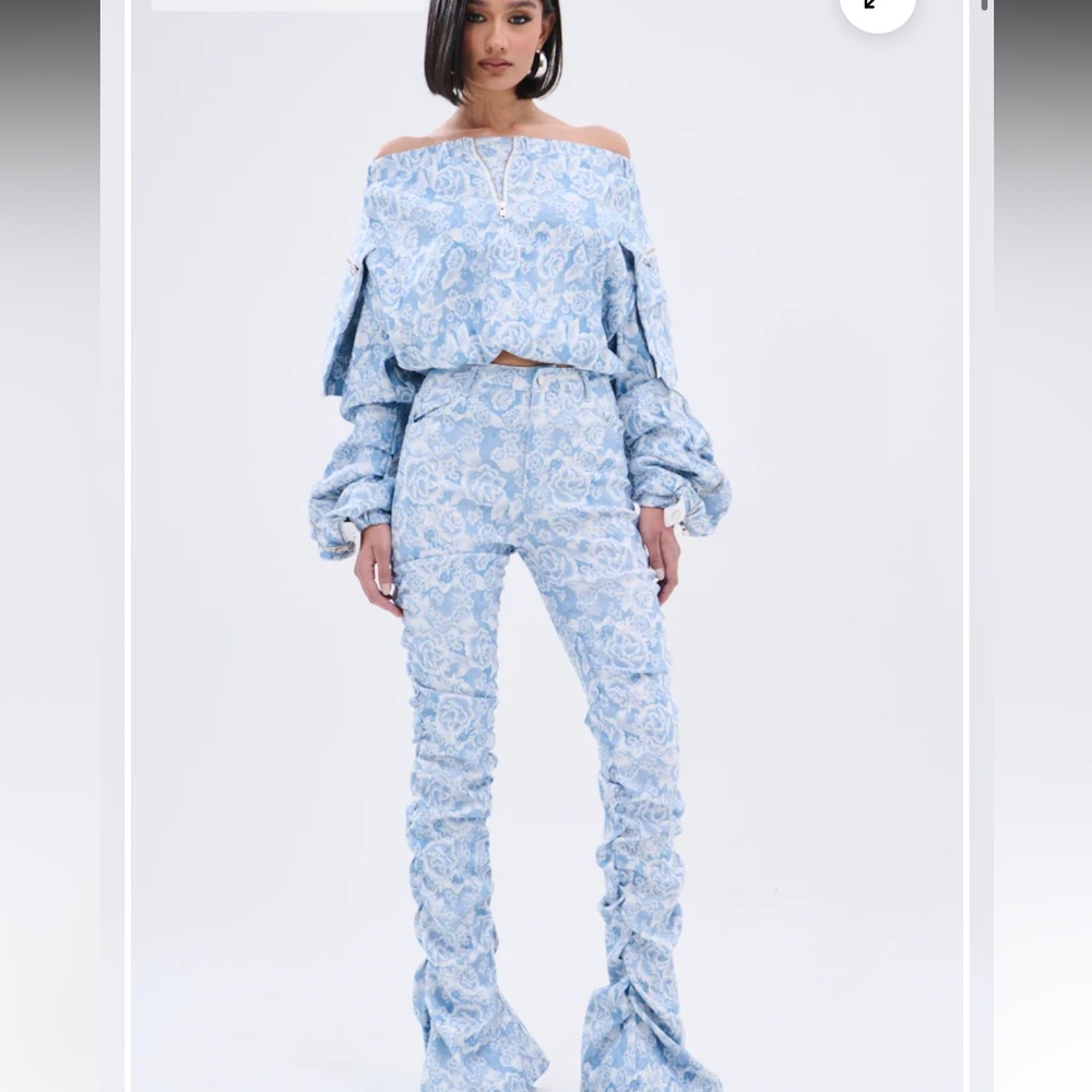 AKIRA Light Blue Floral Off-Shoulder and stacked pant set